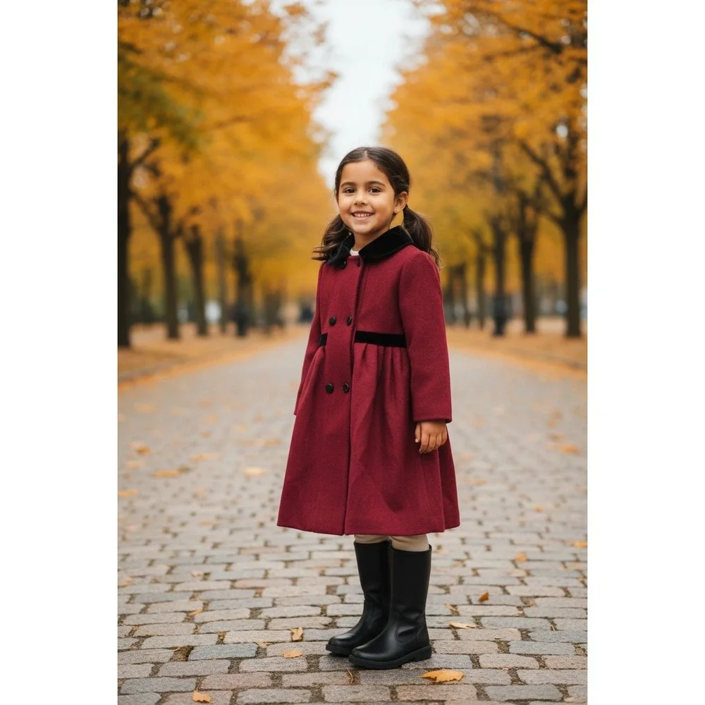 Vintage Freeway Fashions Girls Dress Coat Red Velvet Collar M Lined burgundy USA